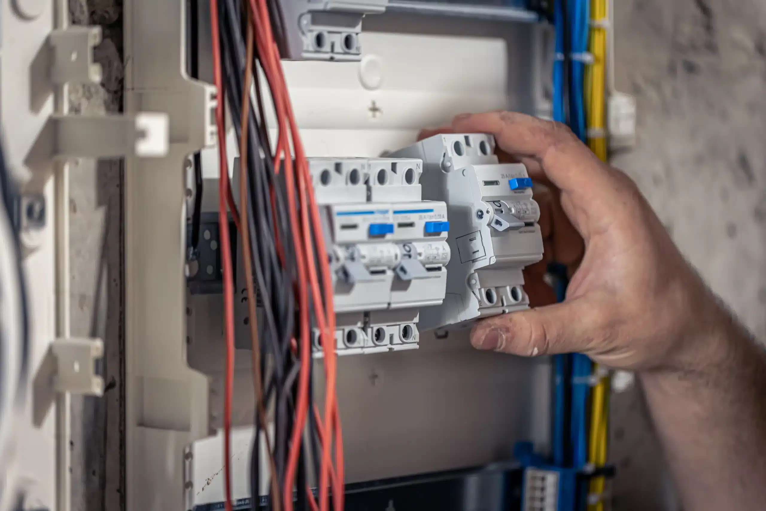 male electrician works in switchboard with an electrical connecting cable